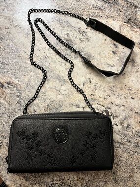 Black Floral Embossed Crossbody Wallet - Chain Strap